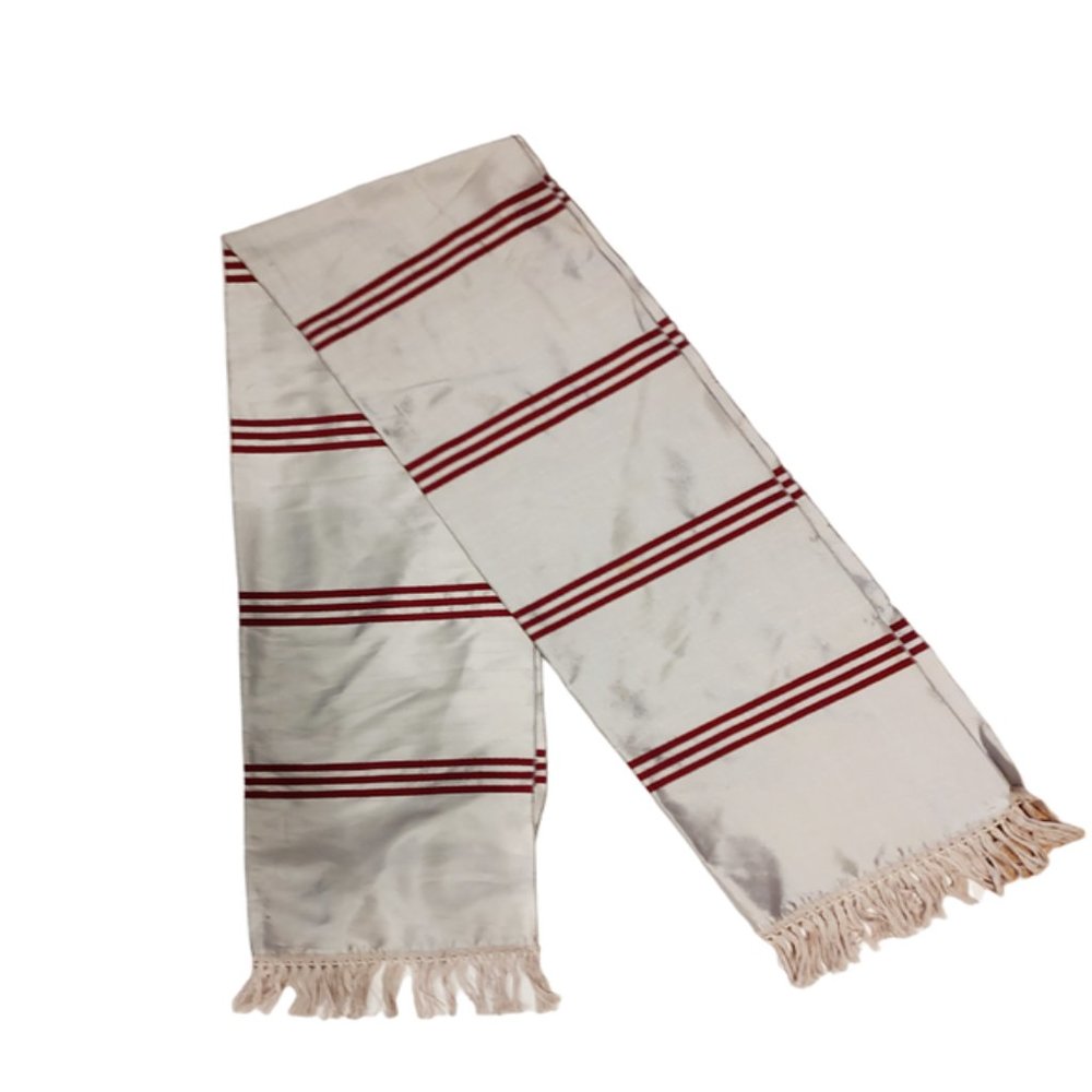 Vintage 1950s Silver Grey Red Striped Long Tuxedo Or Ascot Silk Scarf Fringed